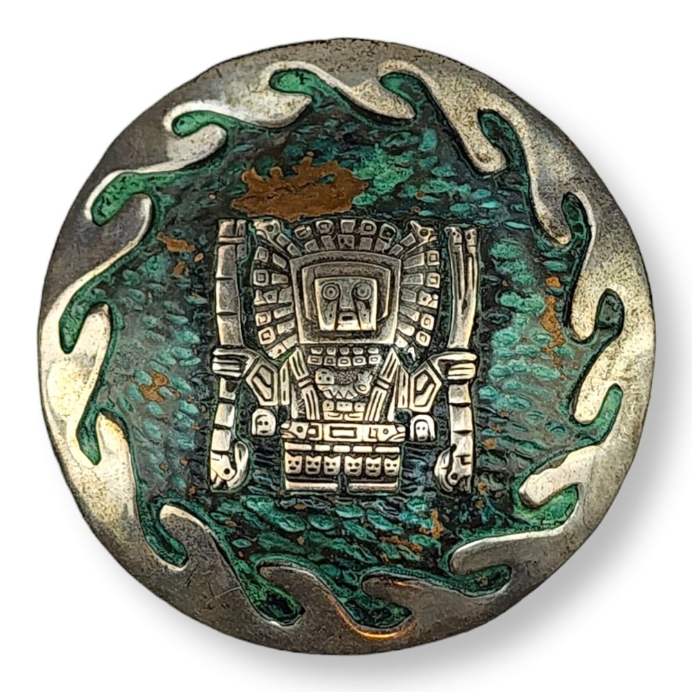 Vintage Brooch Pendant Copper Silver Overlay 2.54in Green Mayan Aztec